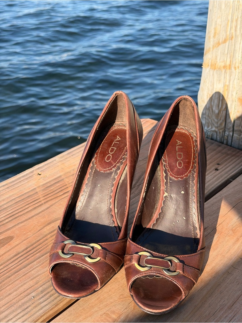 ALDO Brown Leather Open-Toe Heels with Decorative Buckle